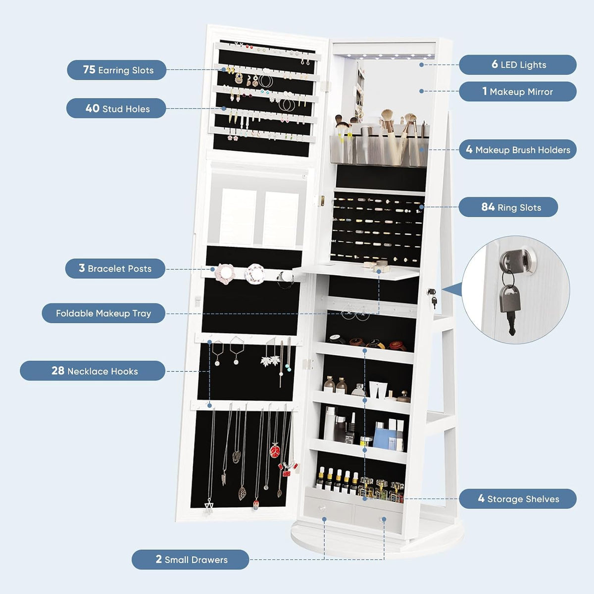olixis 360° swivel jewelry cabinet with light, lockable showing dimensions