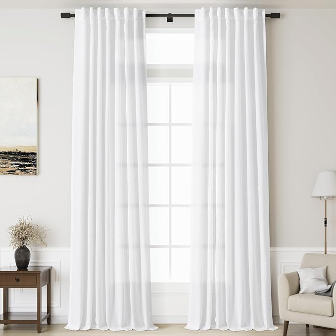 Linen White Curtains 145 inch Extra Long by Nanspring