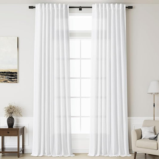 Linen White Curtains 145 inch Extra Long by Nanspring