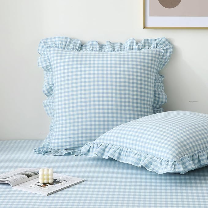2 Pack Light Blue White Plaid Ruffle Gingham Euro Pillow Covers, 100% Washed by KMASANIJI