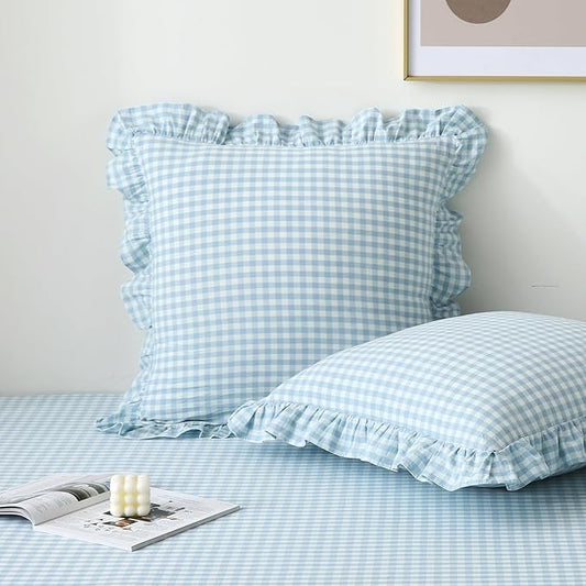 2 Pack Light Blue White Plaid Ruffle Gingham Euro Pillow Covers, 100% Washed by KMASANIJI
