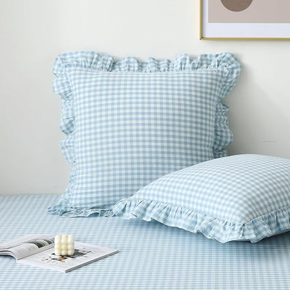 2 Pack Light Blue White Plaid Ruffle Gingham Euro Pillow Sham Covers, 100% by KMASANIJI
