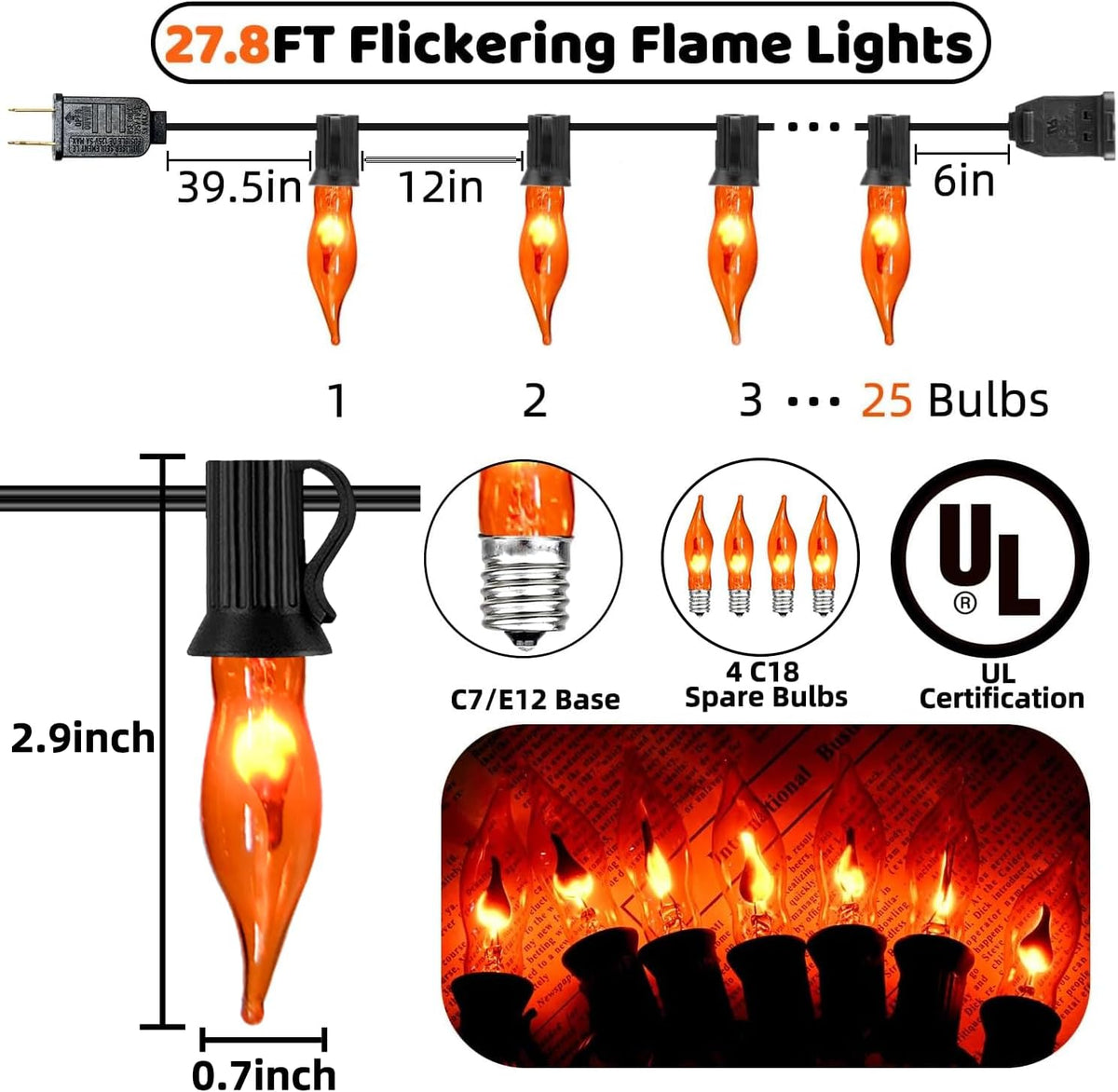 27.8Ft Orange Halloween Lights - Flickering Flame String Lights Orange Flickering String Lights with 25 +4 Pack C18 Flame Light Bulbs for Fall Halloween Decorations Indoor Outdoor Home Party Mantel