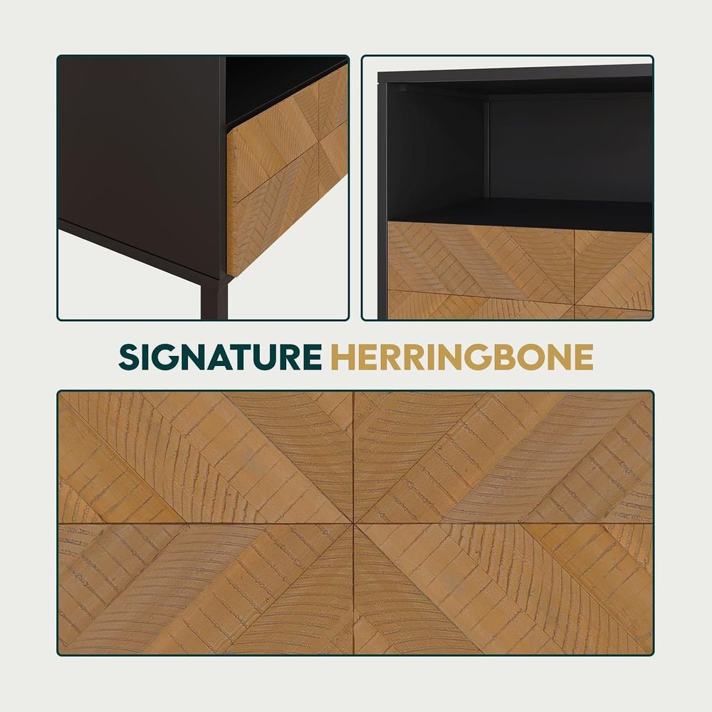 Bme Vivian Solid Wood Nightstand, End Table, Bedside Table with Herringbone P...