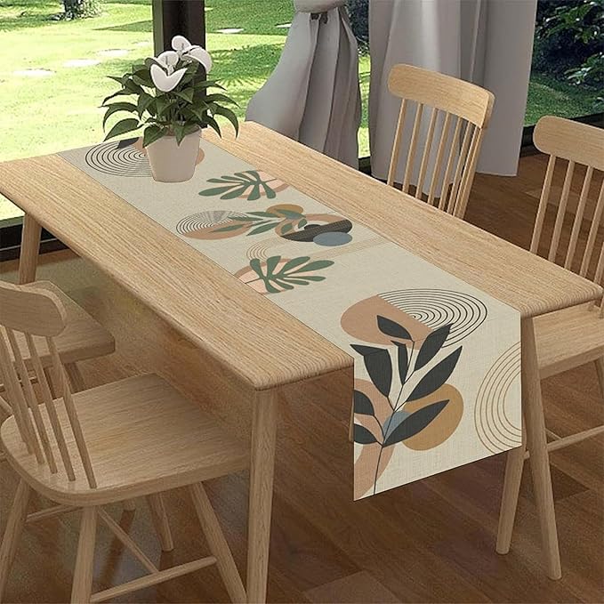 Boho Mid Century Leaves Table Runner, Modern Sun Moon Tropical Plants Leaf - Image 2