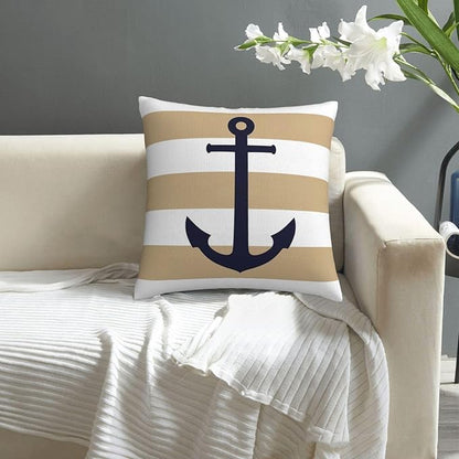 Myshe Square Nautical Navy Blue Anchor On Tropical Tan Stripes Throw Pillow - Image 6