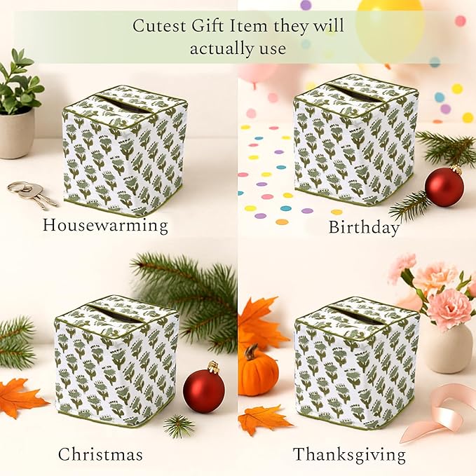 CPC Emerald Green Hand Block Printed Cotton Tissue Box Cover 5" x 5" x 5.5" - Image 4