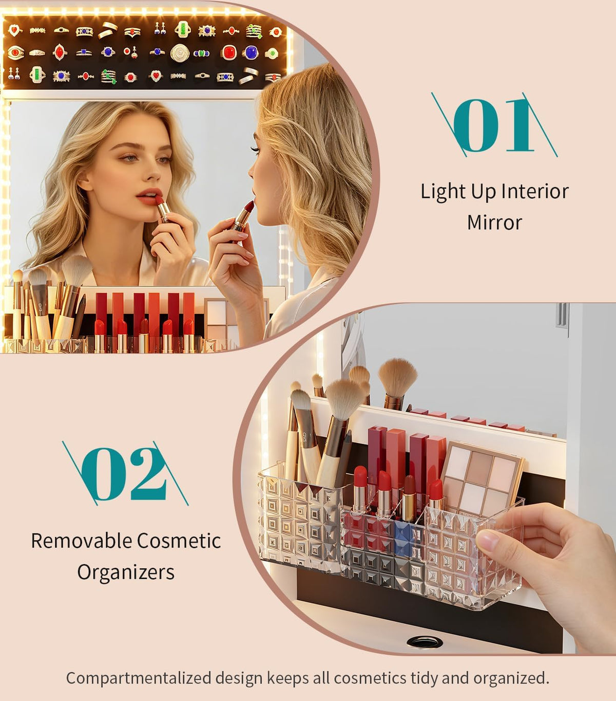 vlsrka led mirror jewelry cabinet, over door/wall mounted, side view