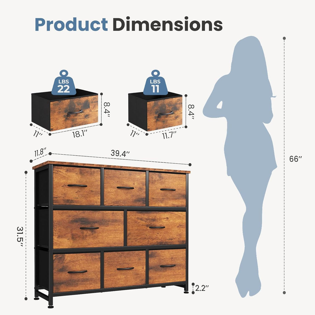 dumos wide dresser with 8 fabric drawers and, close-up detail
