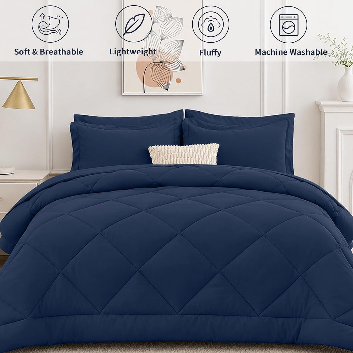 fuanna full size comforter sets 7 pcs, navy on a desk or shelf