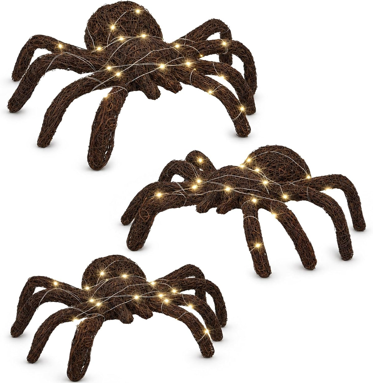 3 Pcs Halloween Rattan Woven Fake Spider Decor with String Lights