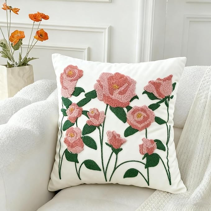 18x18 Embroidered Throw Pillow Cover – Pink Rose Cotton Decorative Cushion Cover by EmbroideredLiving