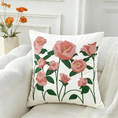 18x18 Embroidered Throw Pillow Cover – Pink Rose Cotton Decorative Cushion Cover by EmbroideredLiving