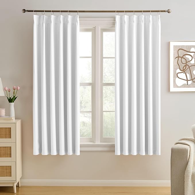 KEQIAOSUOCAI Pleated White Curtains 63 Inches Long, Half Blackout Room by KEQIAOSUOCAI