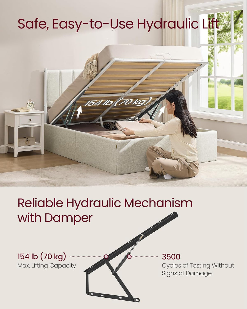 VASAGLE Lift Up Storage Bed Frame, Full Size, Upholstered Headboard