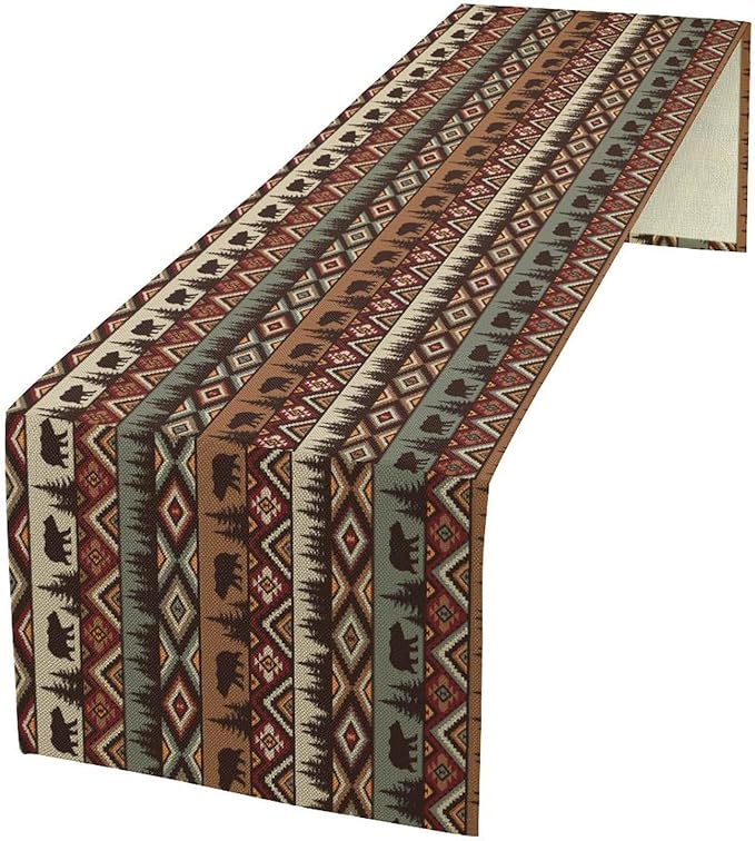 Rustic Bear Table Runner, Cabin Wild Animal Deer Moose Pine Tree Aztec Native by Unknown