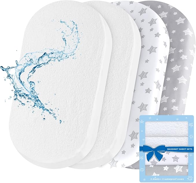 Bassinet Sheets & Waterproof Bassinet Mattress Pad Protector 4 Pack Set by Moonsea
