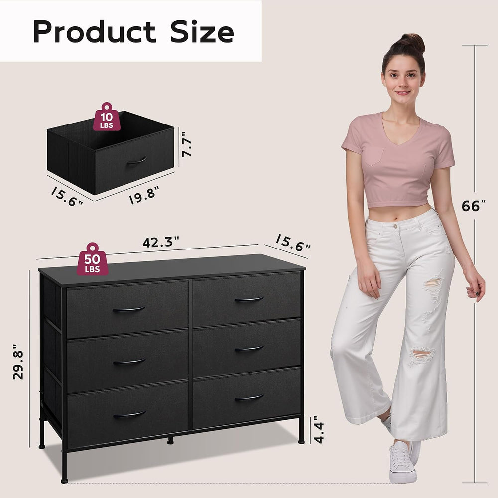 WLIVE Black Fabric Dresser for Bedroom, 6 Drawer Dressers, Chest of Drawers