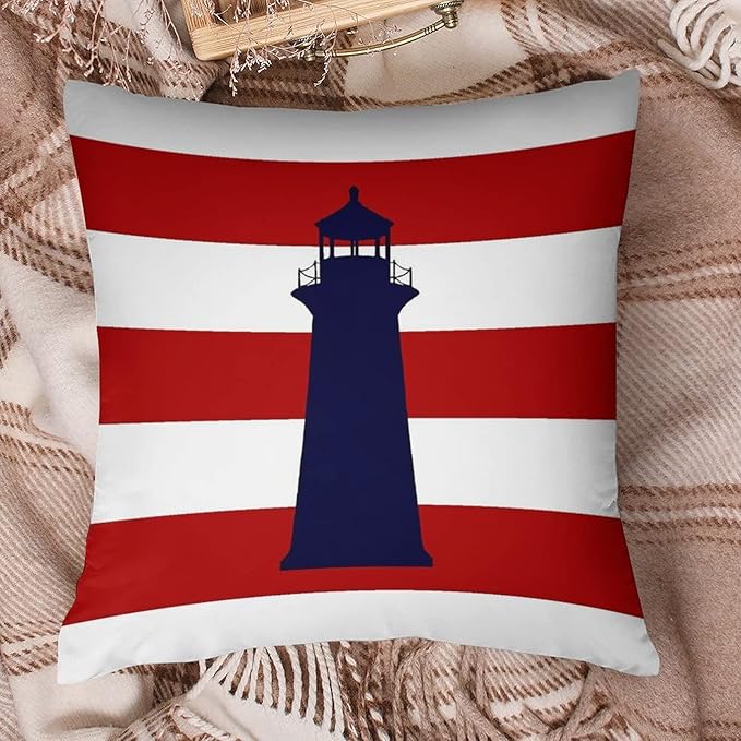 Myshe Square Nautical Navy Blue Lighthouse On Red Stripes Throw Pillow Cover - Image 6