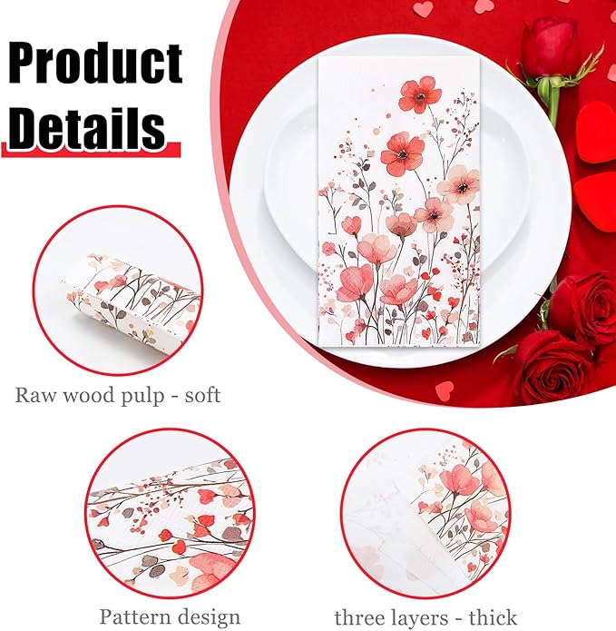 HEIPINIUYE 50 Pieces 3-ply Spring Floral Paper Napkins Red Flower Guest Napkins - Image 3