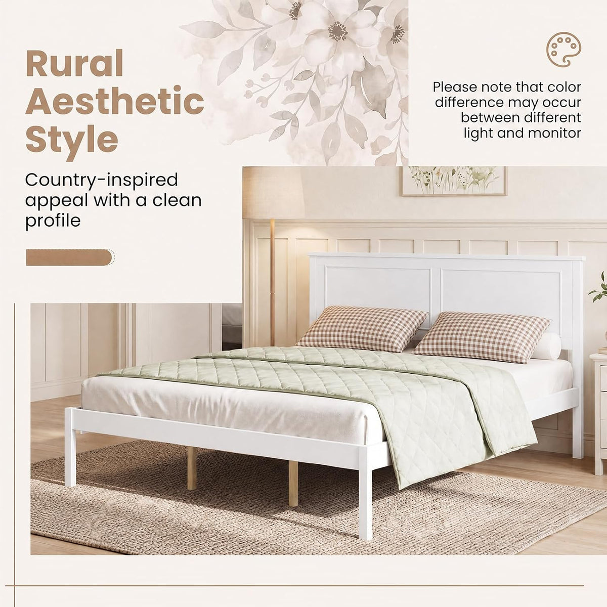 komfott queen size bed frame, farmhouse wooden platform, front angle view