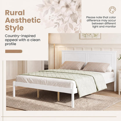 komfott queen size bed frame, farmhouse wooden platform, front angle view
