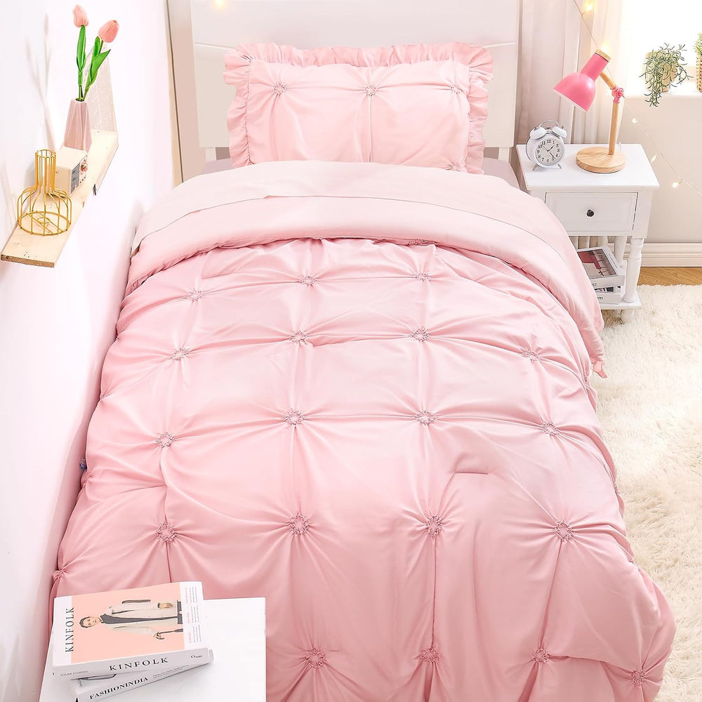 Twin Comforter Set for Girls, Boho Pintuck Bedding Comforter Sets, 4 Pieces R...