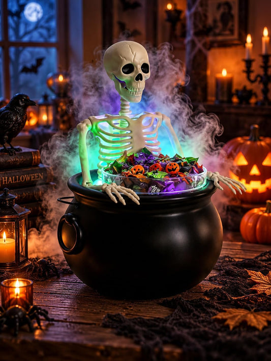 HOMELEX Halloween Cauldron Candy Bowl with Skeleton, LED Mist Maker Decor for Porch Party Table