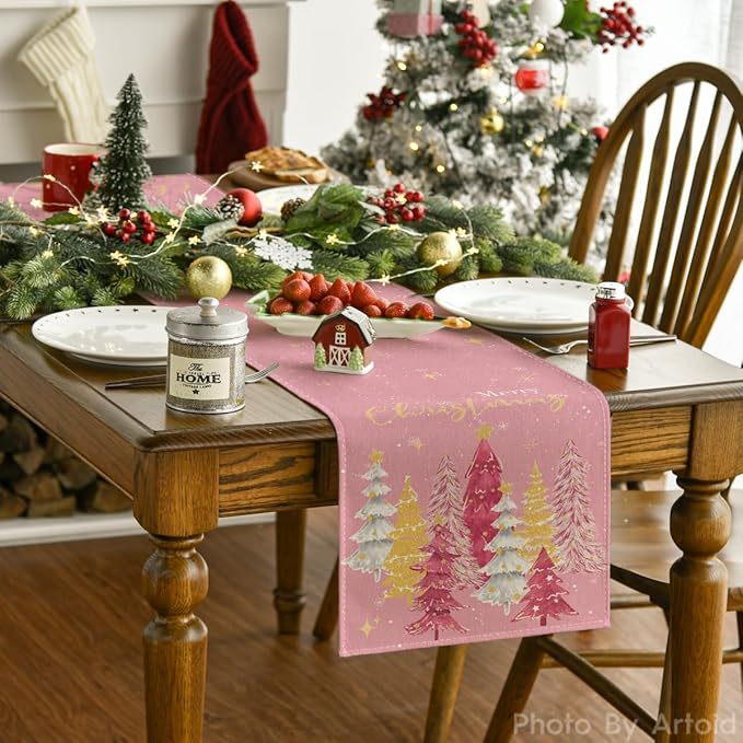 Artoid Mode Xmas Trees Merry Christmas Table Runner, Seasonal Winter Pink - Image 2