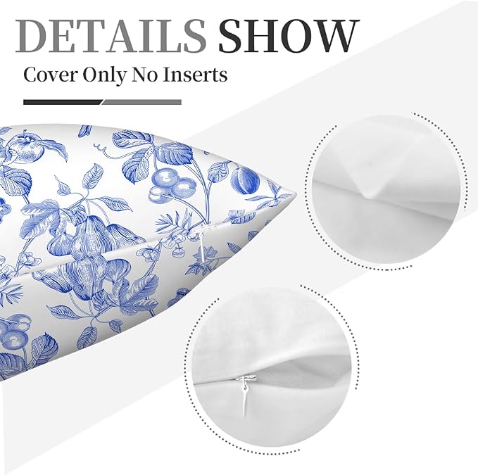 Blue Floral Bird Pillow Covers 18x18 Inch, Chinoiserie Throw Pillow Cases Set - Image 3