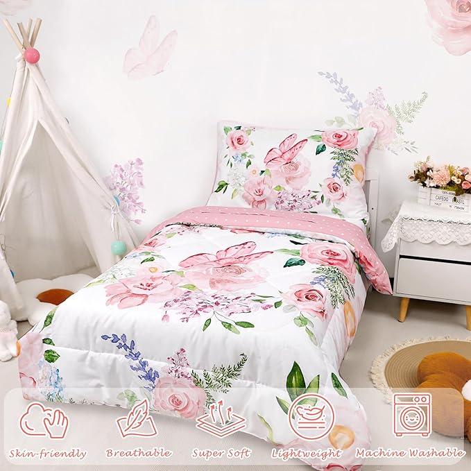 4 Piece Toddler Bedding Set for Girls, Butterfly Toddler Comforter Set - Image 4