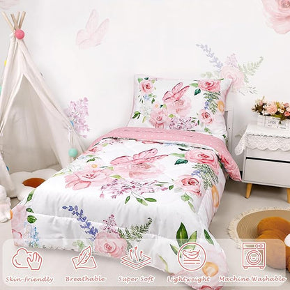 4 Piece Toddler Bedding Set for Girls, Butterfly Toddler Comforter Set - Image 4