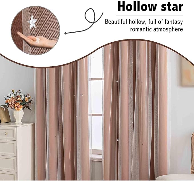 Anytime Romantic Kids Curtain, Hollow-Out Stars Window Curtain Double Layer - Image 6