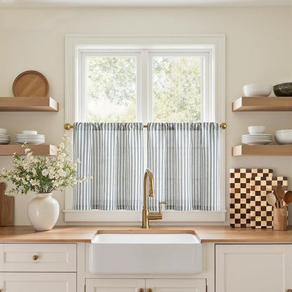 jinchan Striped Linen Kitchen Curtains 20 Inches Length Tier Curtains Farmhouse by JINCHAN