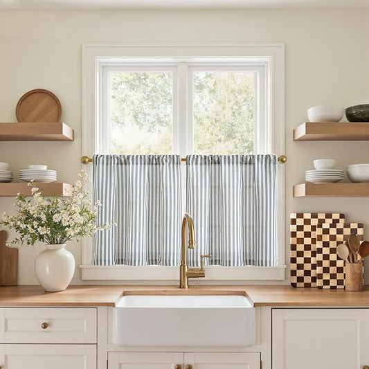 jinchan Striped Linen Kitchen Curtains 20 Inches Length Tier Curtains Farmhouse by JINCHAN
