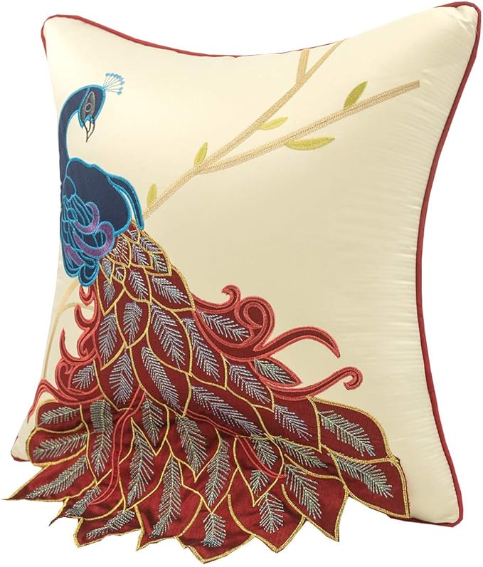 vctops Embroidered Peacock Decorative Throw Pillow Case Silky Satin Cushion - Image 2