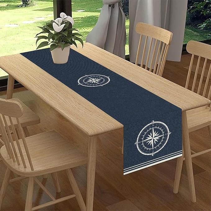 Nautical Compass Table Runner，Retro Coastal Sailing Compass Vintage Navy Blue - Image 2