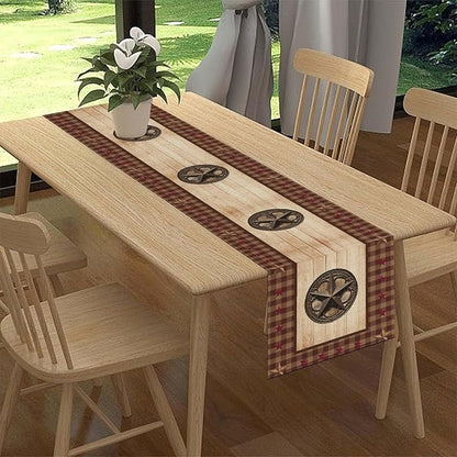 Western Table Runner, Rustic Texas Star Wooden Plank Buffalo Plaid Farmhouse - Image 2