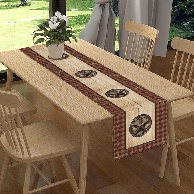 Western Table Runner, Rustic Texas Star Wooden Plank Buffalo Plaid Farmhouse - Image 2
