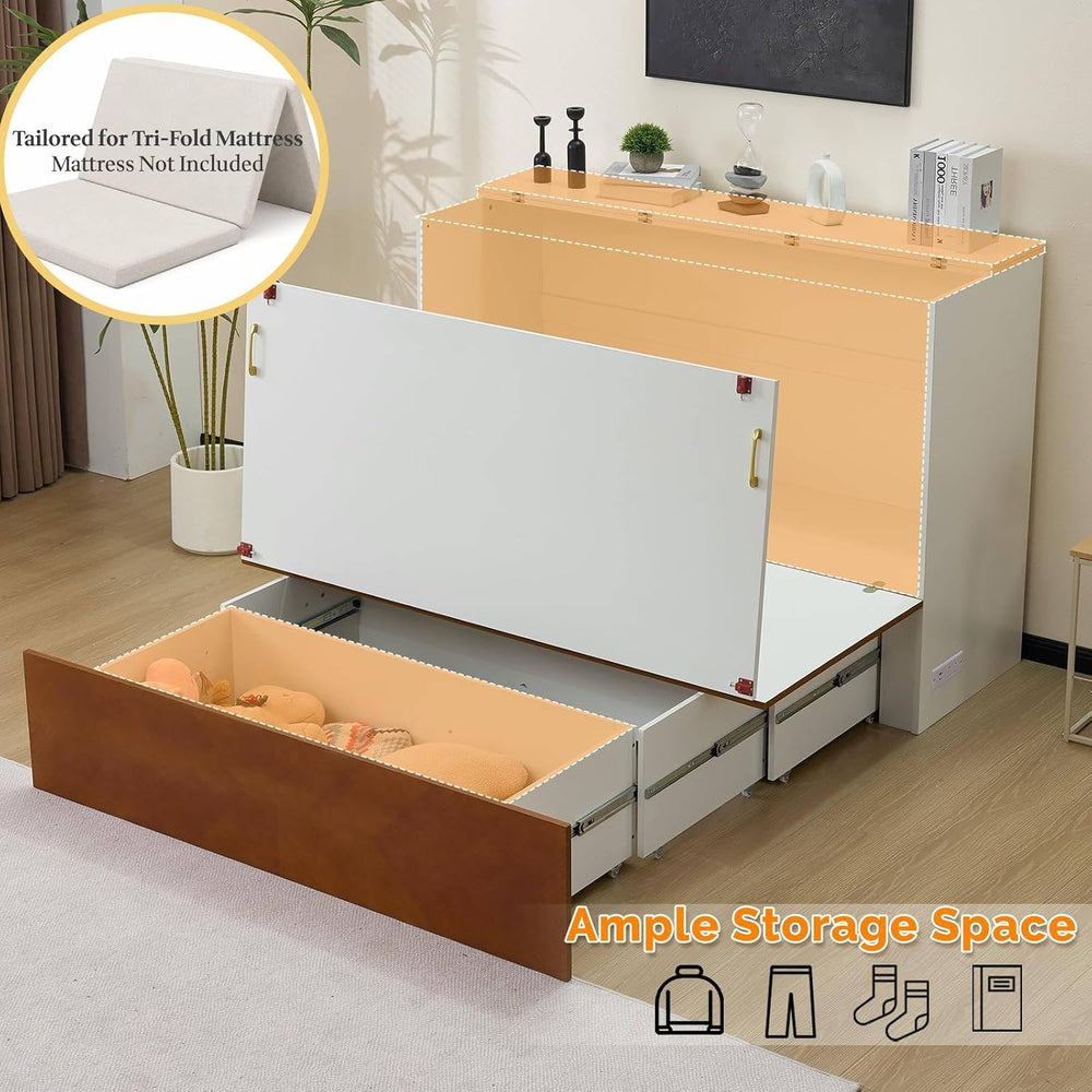 VINGLI Full Murphy Bed with Storage Drawer,2 Charging Station,Rustic & Sc...