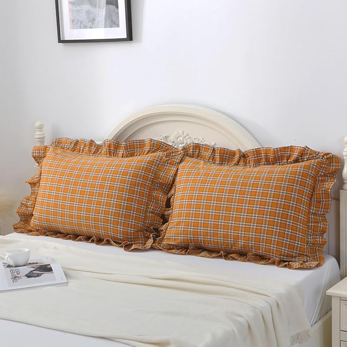Burnt Orange Tartan Plaid Ruffle Pillow Covers Standard Size Set of 2, Washed - Image 6