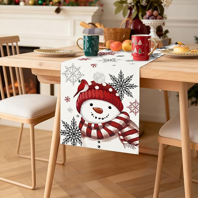 OTOSTAR Snowflakes and Red Snowman Christmas Table Runner, Xmas Seasonal Winter - Image 8