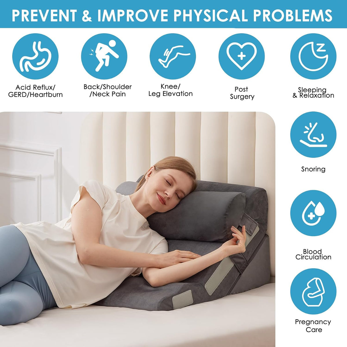 megcxit wedge pillow set for after surgery, bed, side view