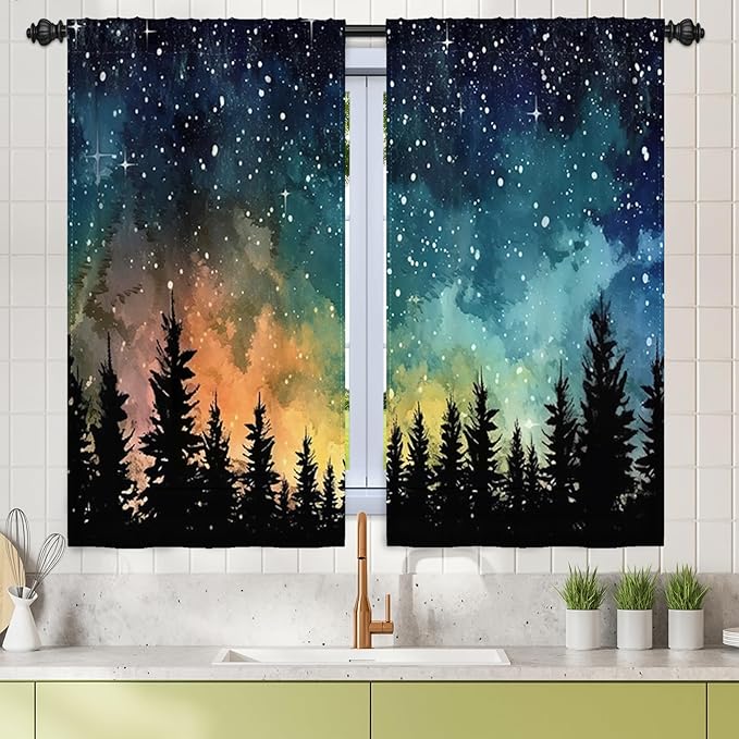 Renaiss 26 x 45 Inch Forest Starry Kitchen Curtains Light Filter Night Rustic by Renaiss