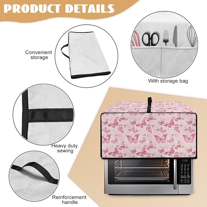 Pink Butterfly Print Microwave Oven Dust Cover Polyester-Linen Fabric Dust Cover - Image 5