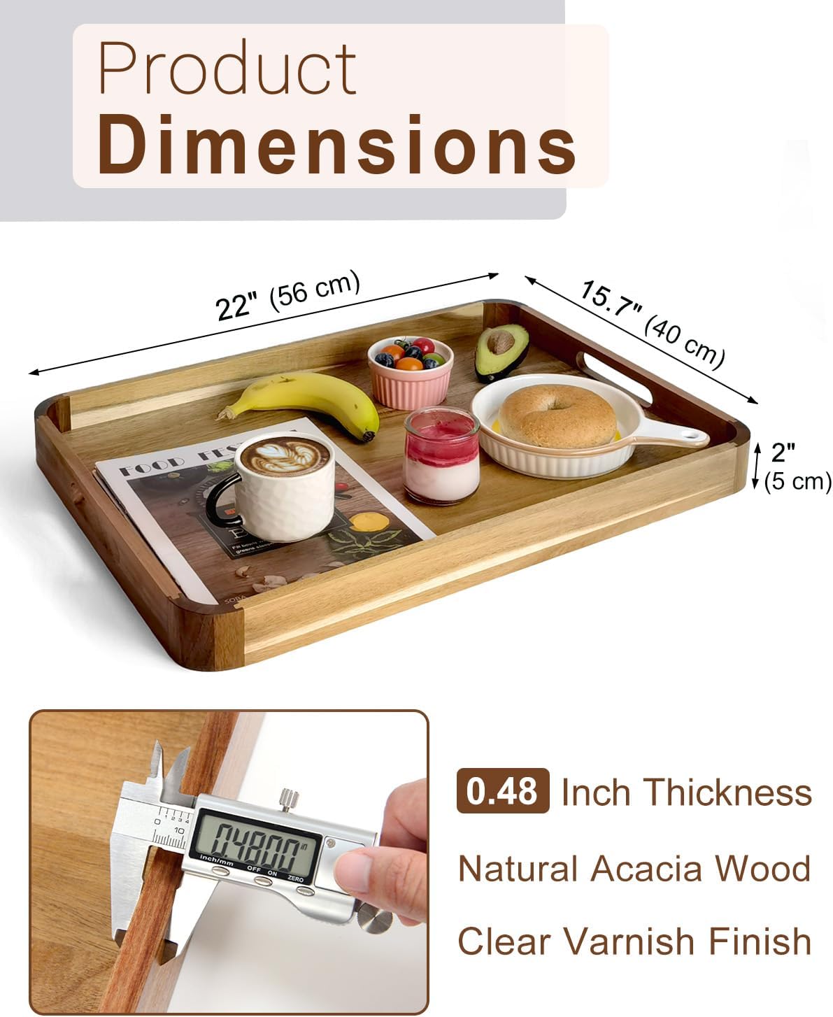 22 inch wooden serving tray, acacia ottoman tray shown in use