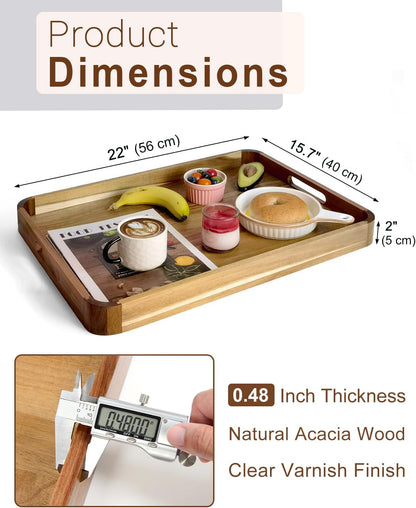 22 inch wooden serving tray, acacia ottoman tray shown in use