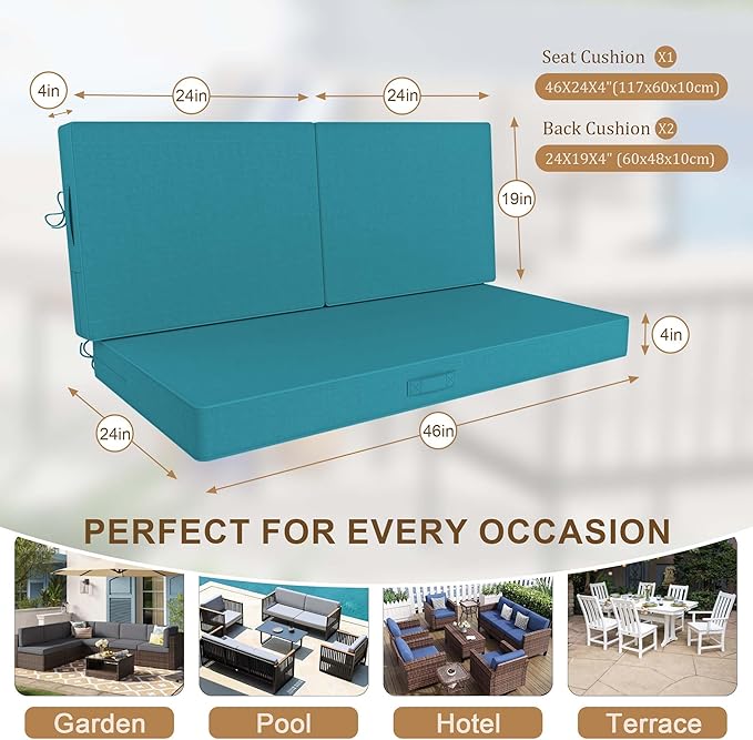 Outdoor Loveseat Cushion Set 46 x 26 Inch, Waterproof & Fade-Resistant Deep - Image 2