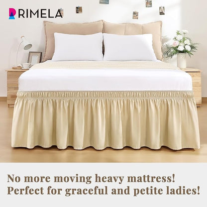 RIMELA Beige White Bed Skirt King Size 15 Inch Drop, Elastic Bed Skirting - Image 4