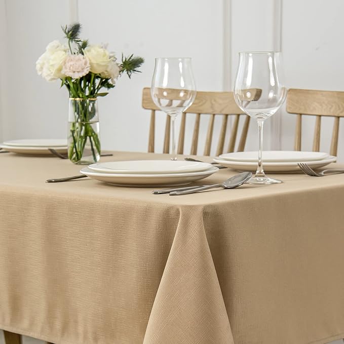 maxmill 2 Pack 60 x 84 Inch Beige Faux Linen Textured Rectangle Tablecloth - Image 3